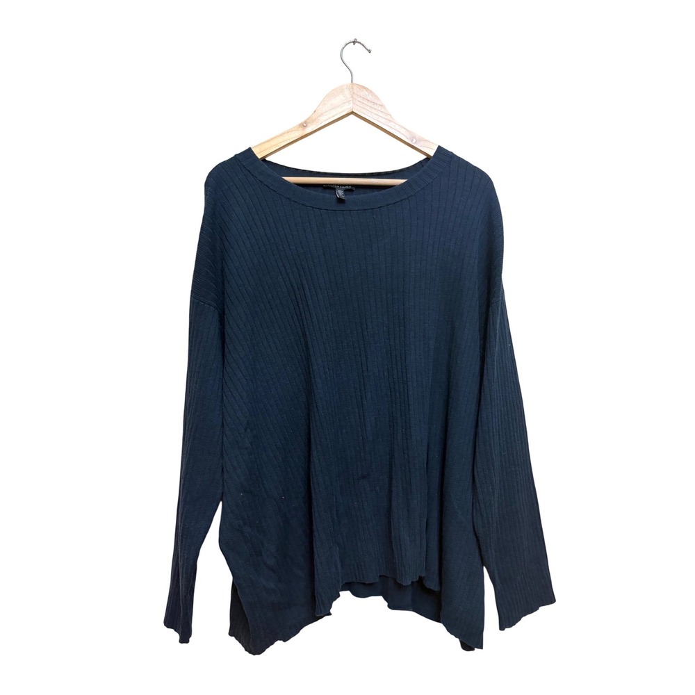 Eileen Fisher Womens XL Navy Blue Ribbed Organic Cotton Tencel Knit Sweater